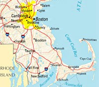 A map of Massachusetts showing MDH Construction's service area from Boston, MA to Plymouth, MA.